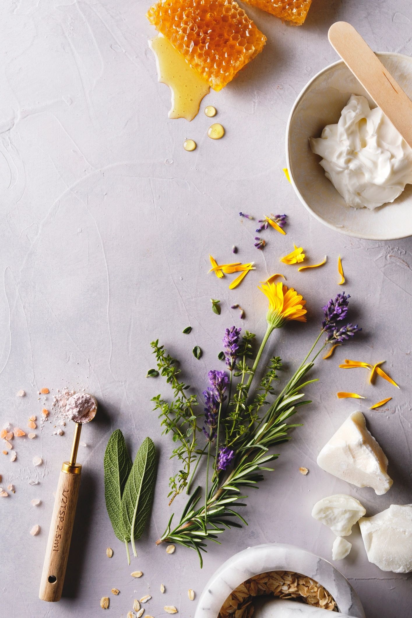 Natural skincare botanical ingredients with honey and lavender