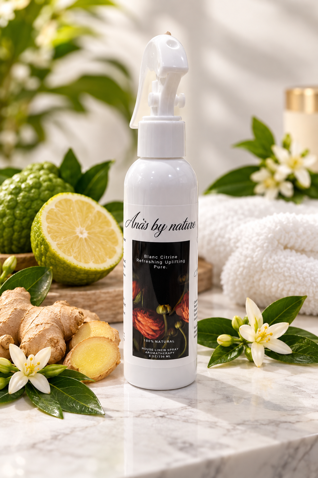 Ana's by Nature Blanc Citrine and Ginger Zest Linen Spray bottle with citrus and ginger